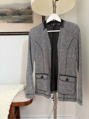 Open-Front Knit Blazer Jacket - Black & White